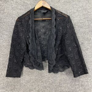 R&M Richards Top Women XL Black Floral Crochet Open Front Long Sleeve Casual